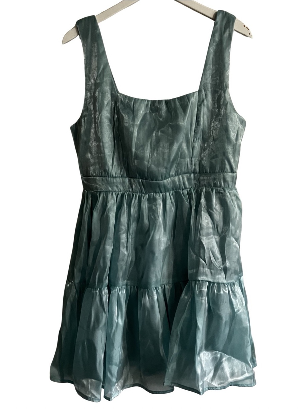 Lulus Thriving Darling Tiered Mini Dress Mermaidcore‎ Sleeveless Shiny Teal L - Picture 2 of 9